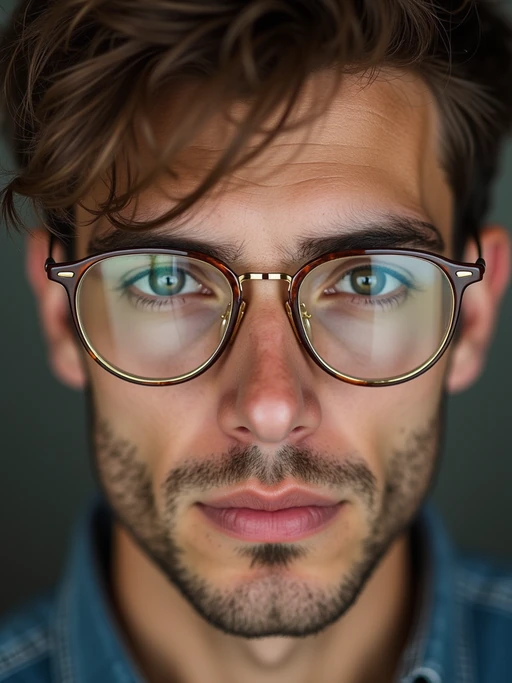 extreme close up portrait of model with gold rimmed glasses