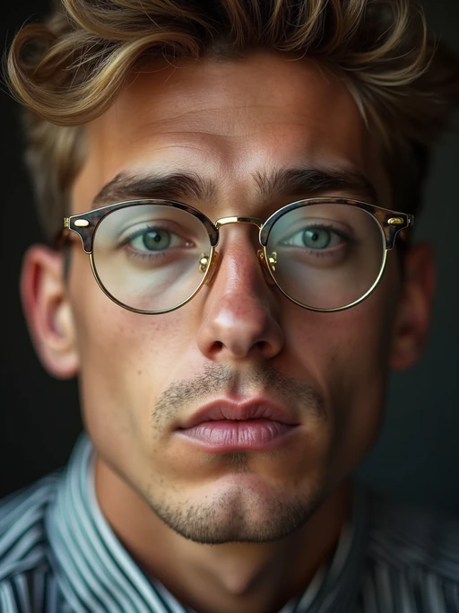 extreme close up portrait of model with gold rimmed glasses