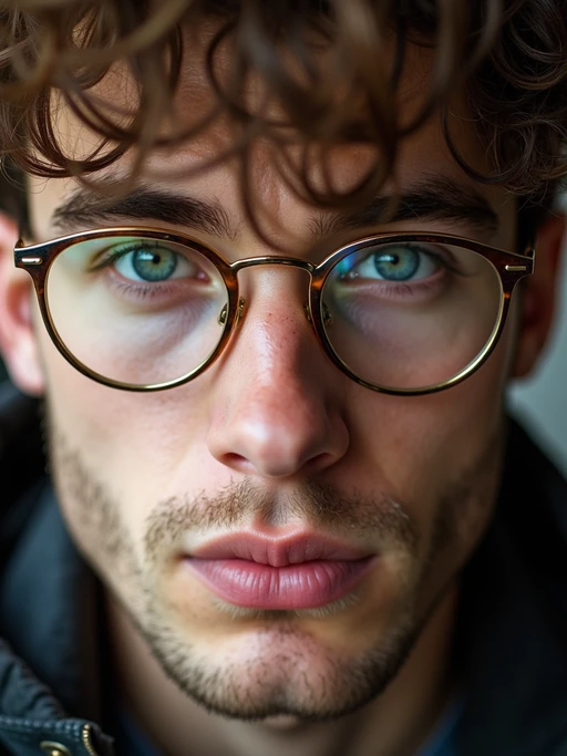 extreme close up portrait of model with gold rimmed glasses