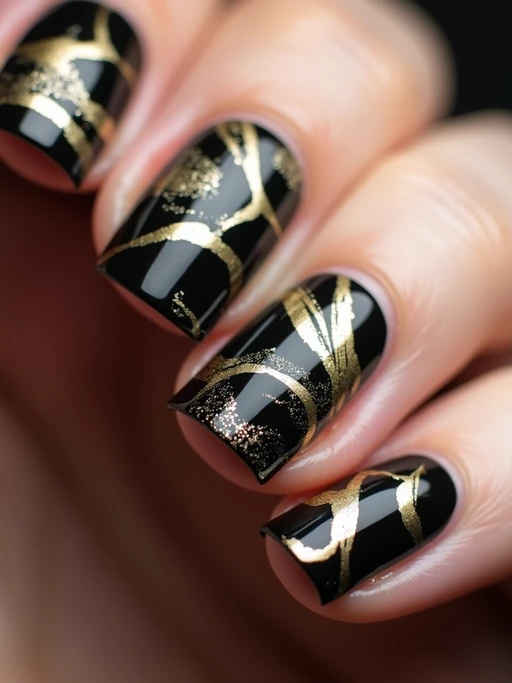marble effect nails in gold and black, luxury nail spa vibe, macro shot, detailed swirling texture, artistic styling