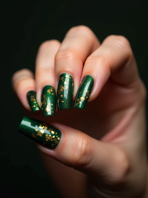 deep green nails with gold foil flakes, rich luxurious styling, elegant hand posture, dramatic lighting setup