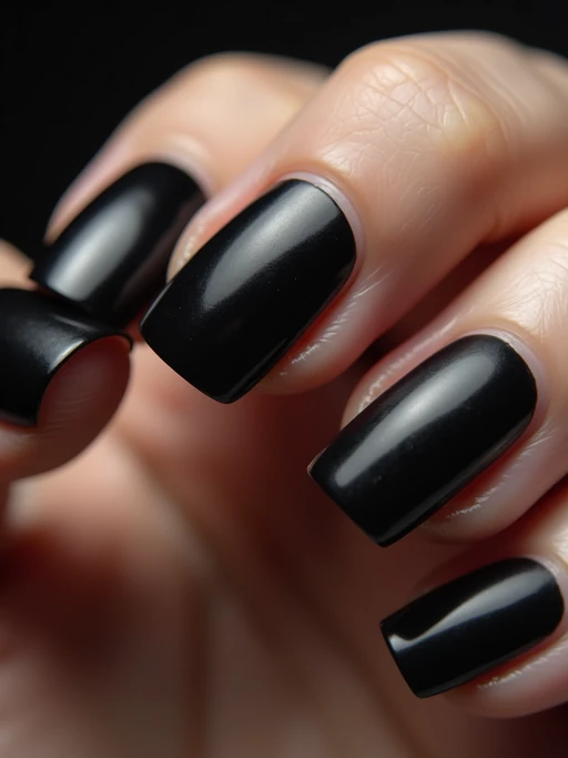 black matte nails with glossy tips, dramatic close-up with contrast lighting, edgy modern styling, professional manicure display