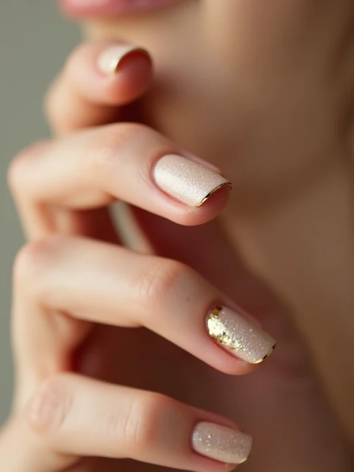nude base nails with gold foil accents, macro shot, soft focus background, elegant hand pose, editorial-quality beauty photography, luxury vibe