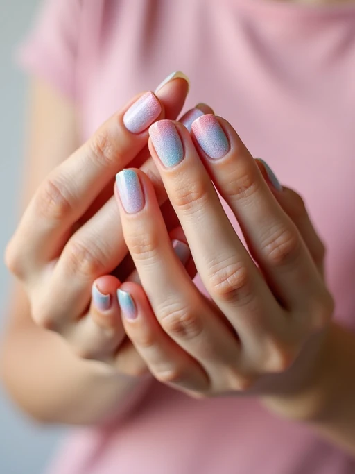close-up photo of pastel rainbow french tip nails, hands posed gracefully, soft lighting, minimal background, professional beauty photo, high detail, perfect for salon marketing
