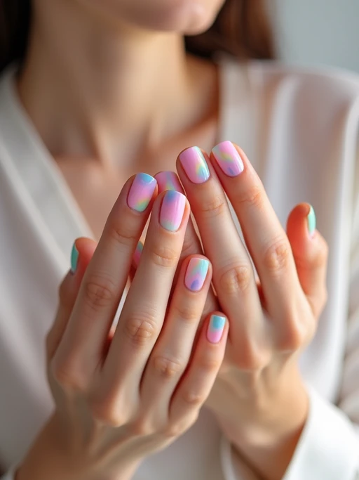 close-up photo of pastel rainbow french tip nails, hands posed gracefully, soft lighting, minimal background, professional beauty photo, high detail, perfect for salon marketing