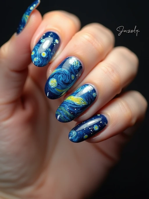 nails with starry night sky design inspired by Van Gogh, swirling blue and yellow patterns, clean softbox lighting, posed fingers with high gloss