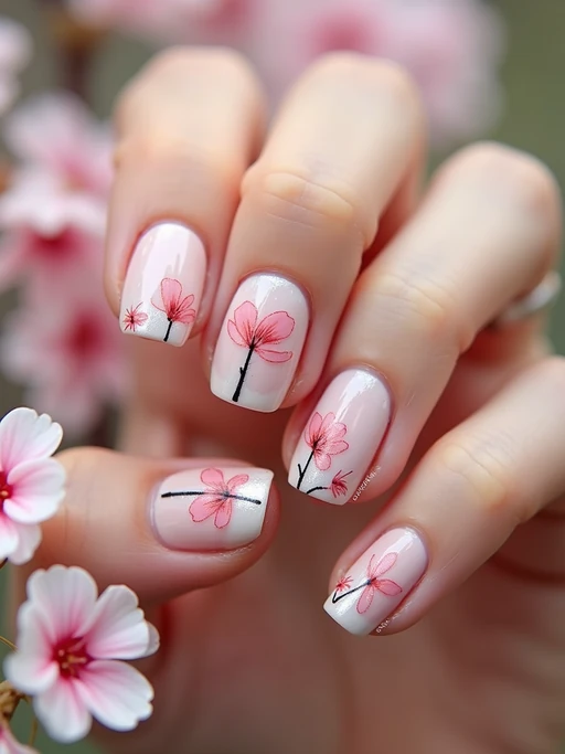 cherry blossom themed nails with delicate pink flowers, spring-inspired design, soft natural lighting, close-up on intricate details