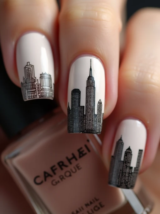 nails with detailed New York skyline silhouette, Empire State Building accent nail, urban aesthetic, professional beauty photography