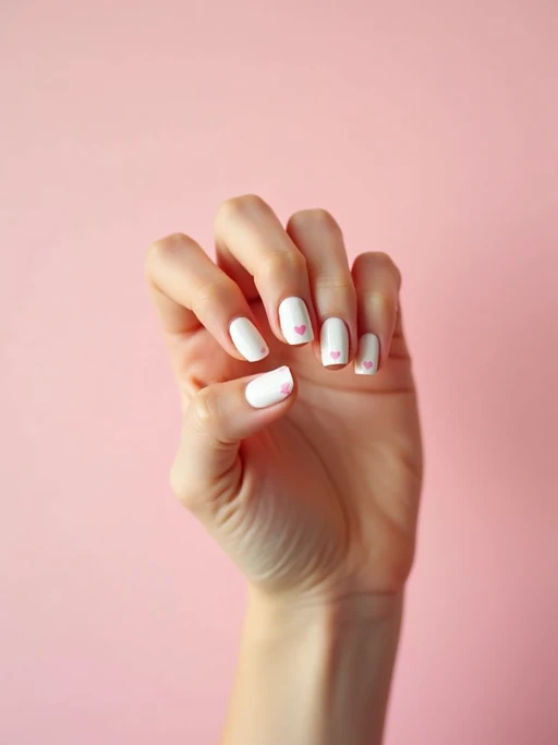 milky white nails with tiny pink hearts, romantic aesthetic, pastel background, cute styling, feminine hand pose, social media-friendly lighting