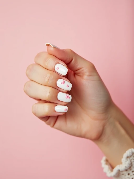 milky white nails with tiny pink hearts, romantic aesthetic, pastel background, cute styling, feminine hand pose, social media-friendly lighting