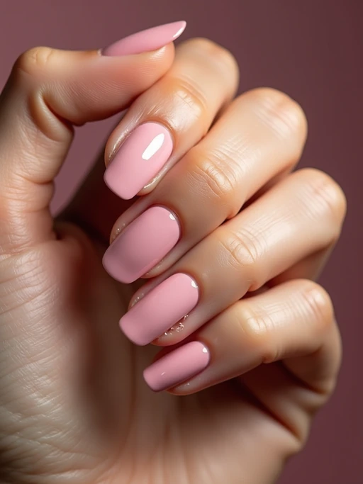 studio shot of chrome glazed donut nails with glossy reflections, hand posed elegantly, modern beauty lighting, high-shine texture visible, magazine-style presentation