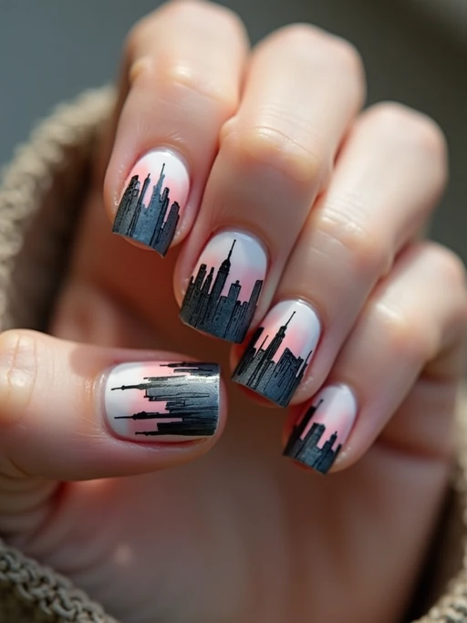 nails with detailed New York skyline silhouette, Empire State Building accent nail, urban aesthetic, professional beauty photography