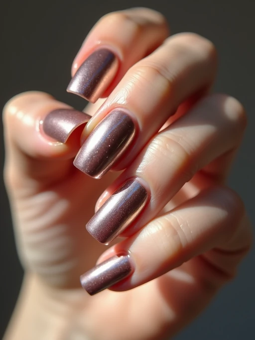 studio shot of chrome glazed donut nails with glossy reflections, hand posed elegantly, modern beauty lighting, high-shine texture visible, magazine-style presentation