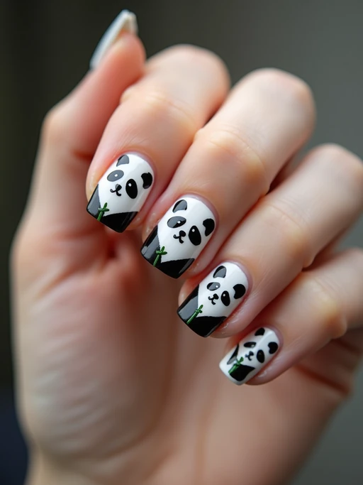nails with cute panda bear designs, black and white with bamboo accents, playful hand pose, macro photography focus