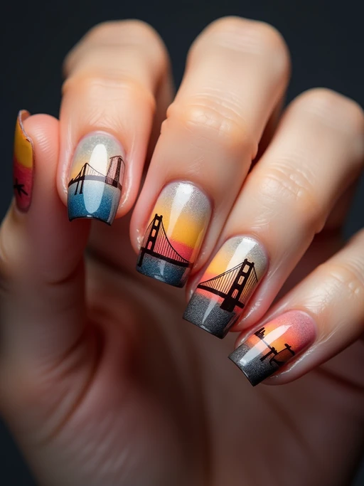 nails with detailed Golden Gate Bridge design, San Francisco skyline at sunset, clean softbox lighting, posed fingers with high gloss