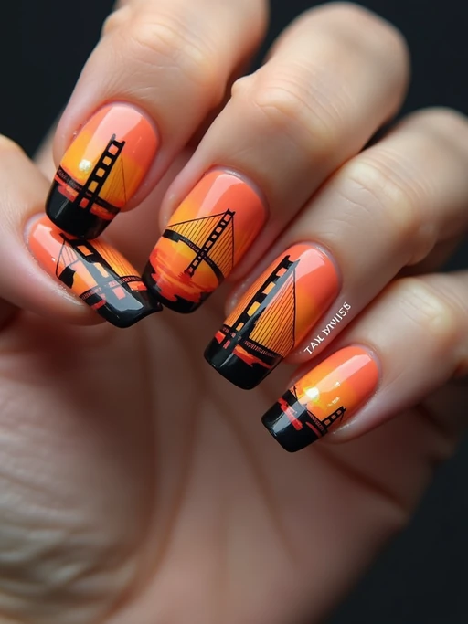 nails with detailed Golden Gate Bridge design, San Francisco skyline at sunset, clean softbox lighting, posed fingers with high gloss