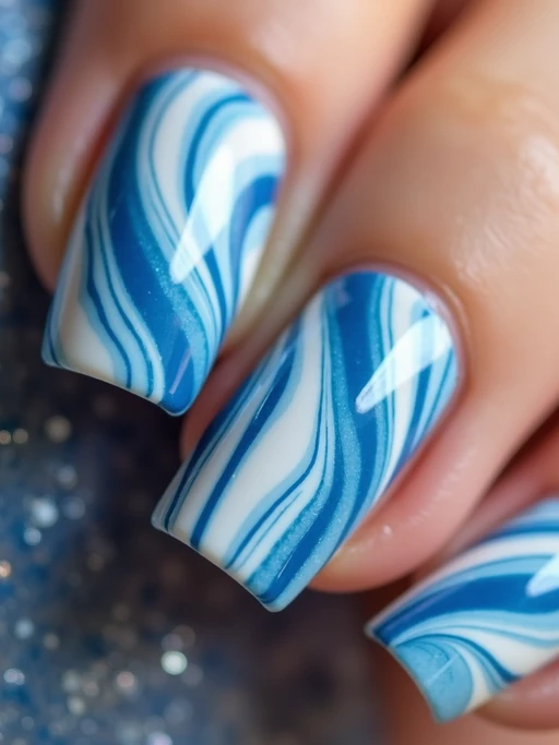 marble effect nails in blue and white, luxury nail spa vibe, macro shot, detailed swirling texture, artistic styling