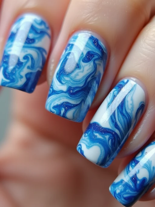 marble effect nails in blue and white, luxury nail spa vibe, macro shot, detailed swirling texture, artistic styling