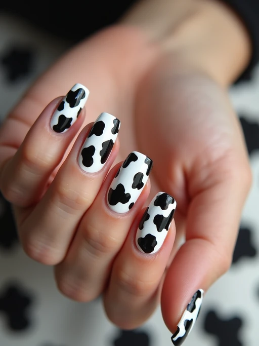 cow print nails on glossy white base, bold and playful aesthetic, beauty studio lighting, fashion-forward hand styling