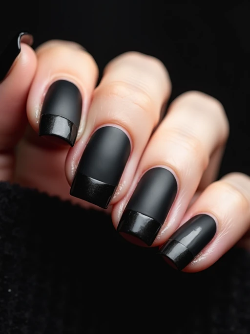 black matte nails with glossy tips, dramatic close-up with contrast lighting, edgy modern styling, professional manicure display