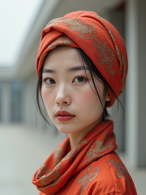 model with a two-toned silk scarf styled as a complete headwrap covering all hair, if(gender=f){with dewy skin} if(gender=m){with a contemporary style}, against a minimalist architectural background