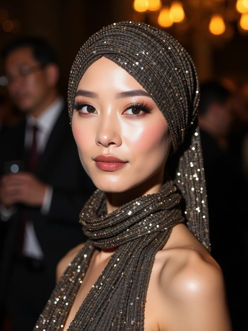 model with a metallic-threaded silk scarf tied to fully cover the hair, if(gender=f){with smokey eye makeup} if(gender=m){with a distinguished look}, at an evening event