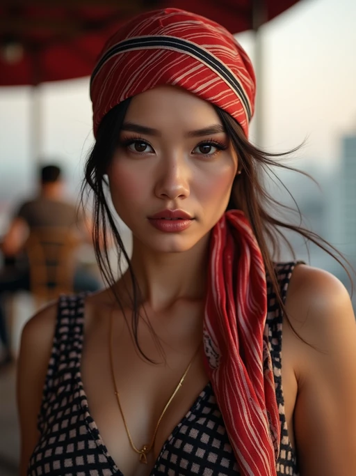 model wearing a striped head scarf in a full coverage style with side drape, if(gender=f){with subtle highlighter} if(gender=m){with defined features}, at a trendy rooftop bar
