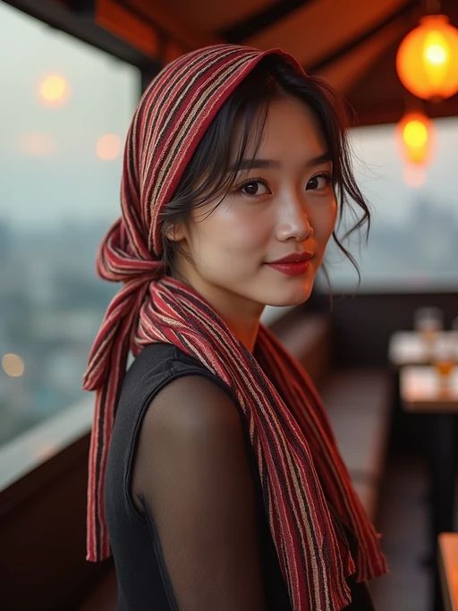model wearing a striped head scarf in a full coverage style with side drape, if(gender=f){with subtle highlighter} if(gender=m){with defined features}, at a trendy rooftop bar