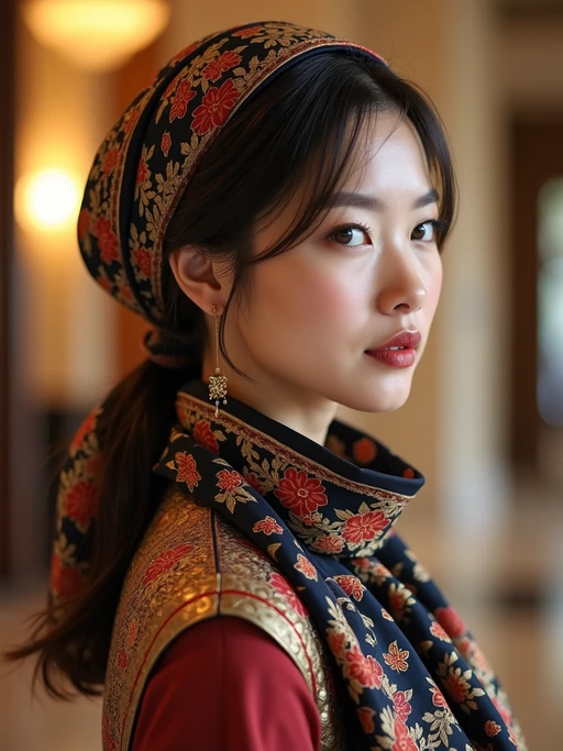 model with a designer logo silk scarf tied to completely cover the hair, if(gender=f){with glowing skin} if(gender=m){with a well-groomed appearance}, in a luxury hotel lobby