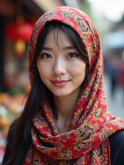 model wearing a paisley print head scarf in a full coverage style, if(gender=f){with winged eyeliner} if(gender=m){with stylish glasses}, at an outdoor market