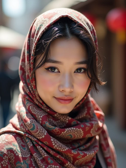 model wearing a paisley print head scarf in a full coverage style, if(gender=f){with winged eyeliner} if(gender=m){with stylish glasses}, at an outdoor market