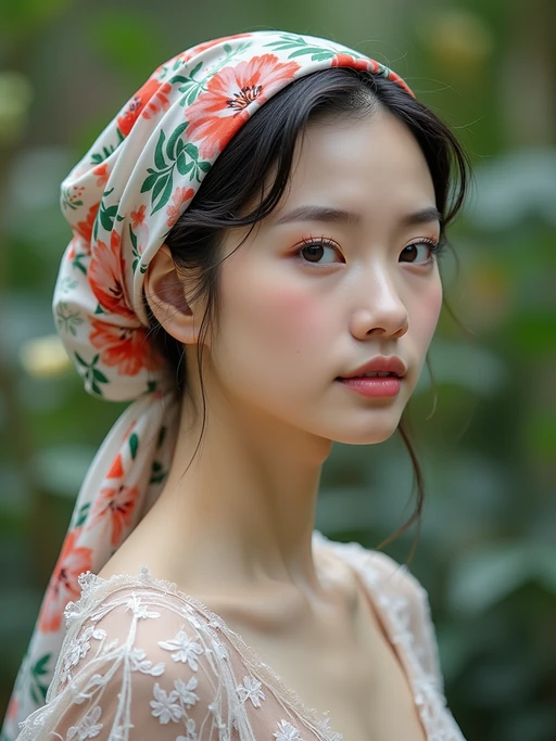 model with a floral silk scarf wrapped around the head covering all hair, if(gender=f){with natural-looking makeup} if(gender=m){with a clean-shaven look}, in a botanical garden setting