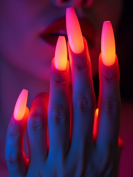 neon ombré coffin nails, vibrant color gradient, high saturation studio lighting, trendy and bold hand styling, beauty editorial quality