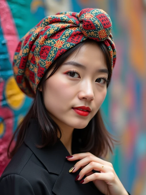 model wearing a geometric print head scarf covering all hair with decorative front knot, if(gender=f){with bold lipstick} if(gender=m){with a fashionable look}, against a colorful street art wall