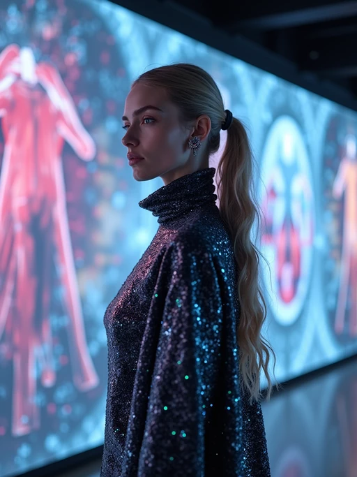 model in the themed exhibition space specially opened for the Met Gala, wearing if(gender=f){a futuristic haute couture ensemble with technological elements} if(gender=m){a forward-thinking formal look with innovative materials}, curated art displays with special event lighting
