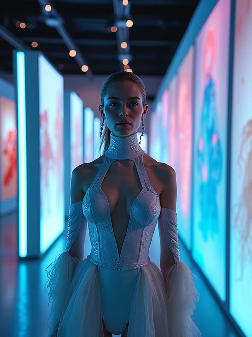 model in the themed exhibition space specially opened for the Met Gala, wearing if(gender=f){a futuristic haute couture ensemble with technological elements} if(gender=m){a forward-thinking formal look with innovative materials}, curated art displays with special event lighting
