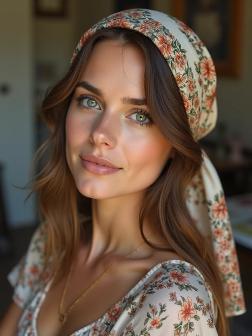 model wearing a hand-painted silk head scarf in full coverage style, if(gender=f){with a natural glow} if(gender=m){with a stylish appearance}, in an artist's studio with natural light