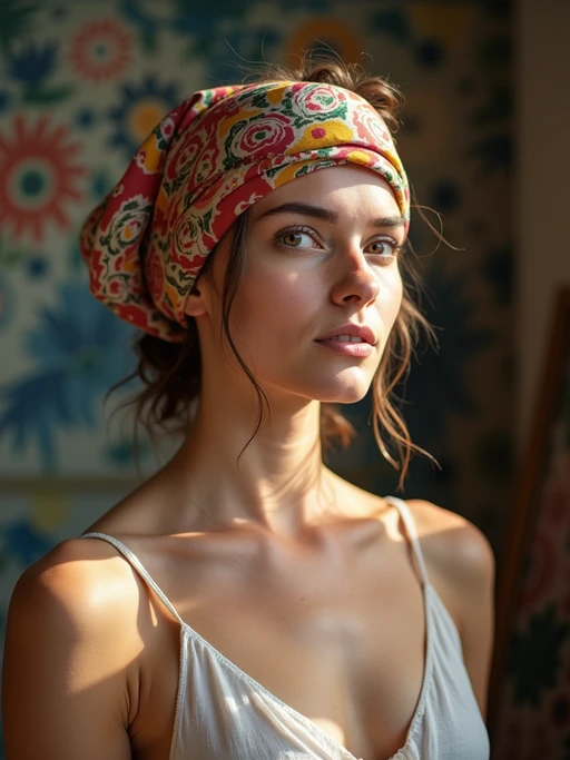 model wearing a hand-painted silk head scarf in full coverage style, if(gender=f){with a natural glow} if(gender=m){with a stylish appearance}, in an artist's studio with natural light