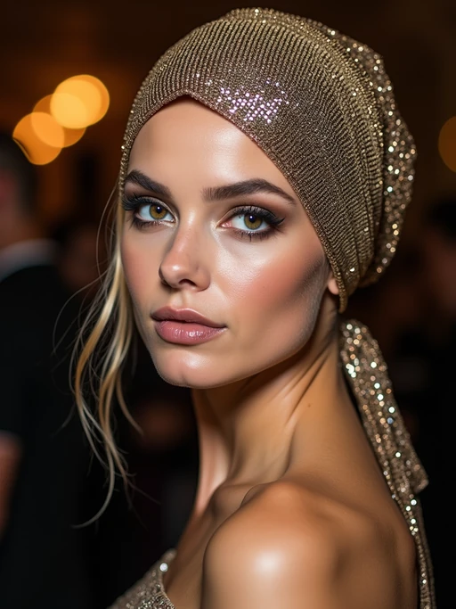 model with a metallic-threaded silk scarf tied to fully cover the hair, if(gender=f){with smokey eye makeup} if(gender=m){with a distinguished look}, at an evening event