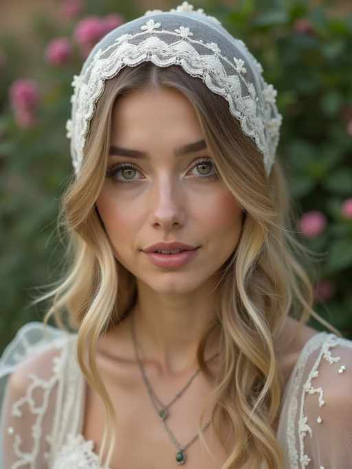 model wearing a delicate lace-trimmed head scarf covering all hair, if(gender=f){with romantic makeup} if(gender=m){with a polished appearance}, in a charming garden setting
