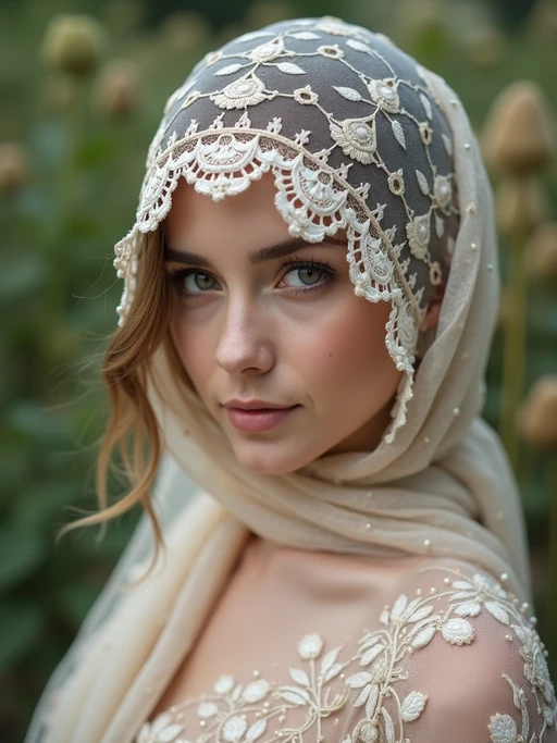 model wearing a delicate lace-trimmed head scarf covering all hair, if(gender=f){with romantic makeup} if(gender=m){with a polished appearance}, in a charming garden setting
