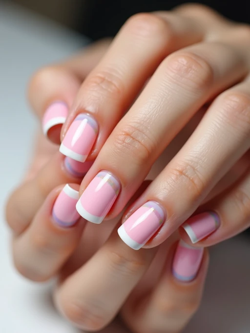 close-up photo of pastel rainbow french tip nails, hands posed gracefully, soft lighting, minimal background, professional beauty photo, high detail, perfect for salon marketing