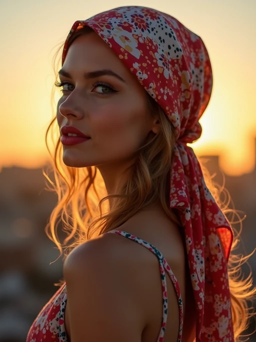 model with an abstract print silk scarf wrapped completely around the head, if(gender=f){with bold lipstick} if(gender=m){with a sophisticated look}, against a sunset skyline