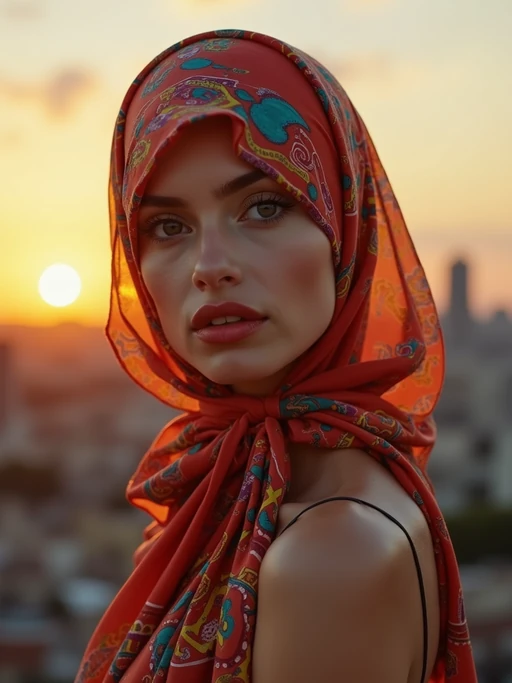 model with an abstract print silk scarf wrapped completely around the head, if(gender=f){with bold lipstick} if(gender=m){with a sophisticated look}, against a sunset skyline