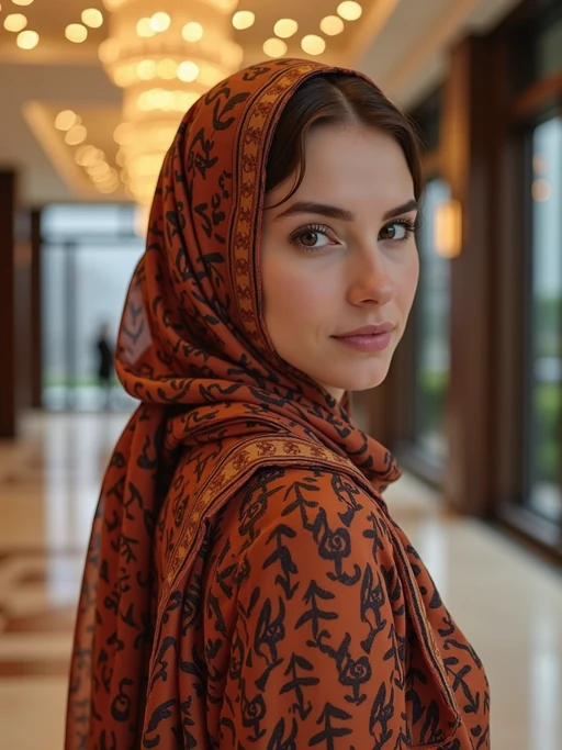 model with a designer logo silk scarf tied to completely cover the hair, if(gender=f){with glowing skin} if(gender=m){with a well-groomed appearance}, in a luxury hotel lobby