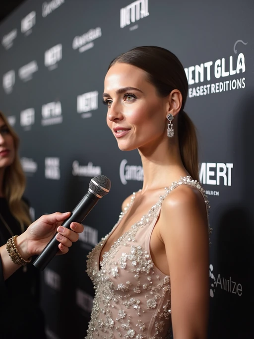 model being interviewed by fashion reporters at the Met Gala media wall, wearing if(gender=f){an ethereal designer creation with celestial details} if(gender=m){an elegant tuxedo with unexpected textures}, press and media backdrop with Met Gala logo and sponsors