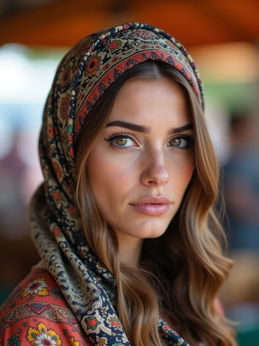 model wearing a paisley print head scarf in a full coverage style, if(gender=f){with winged eyeliner} if(gender=m){with stylish glasses}, at an outdoor market