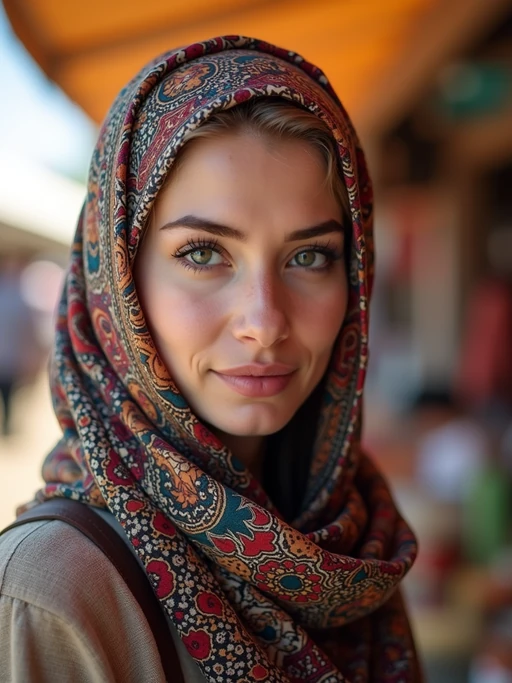 model wearing a paisley print head scarf in a full coverage style, if(gender=f){with winged eyeliner} if(gender=m){with stylish glasses}, at an outdoor market