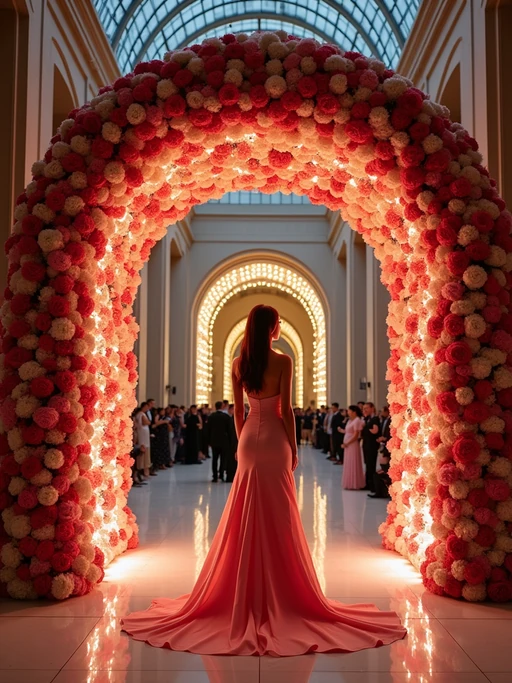 model at the Met Gala entrance with the famous flower-adorned archway, wearing if(gender=f){a show-stopping gown with architectural elements} if(gender=m){a boundary-pushing formal ensemble with statement accessories}, Metropolitan Museum façade illuminated with special event lighting