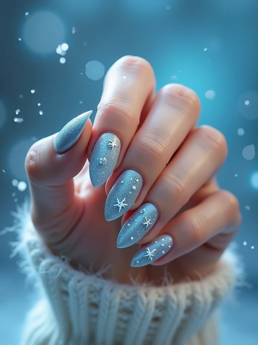 winter wonderland nails with 3D snowflakes and silver glitter, icy blue background, elegant hand posture, dramatic lighting setup